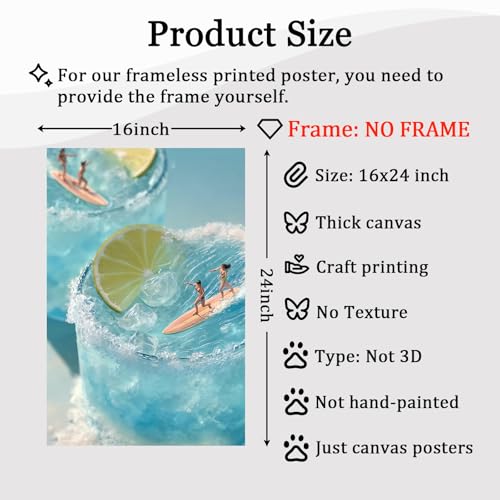 Trendy Cocktail Wall Art Cute Summer Paintings Blue Sea Picture Surfing Girl Poster Lemon Cocktail Art Ocean Wave Artwork Preppy Aesthetic Pictures Coastal Cowgirl Poster for Bedroom 16x24in Frameless - color: H1Unframed