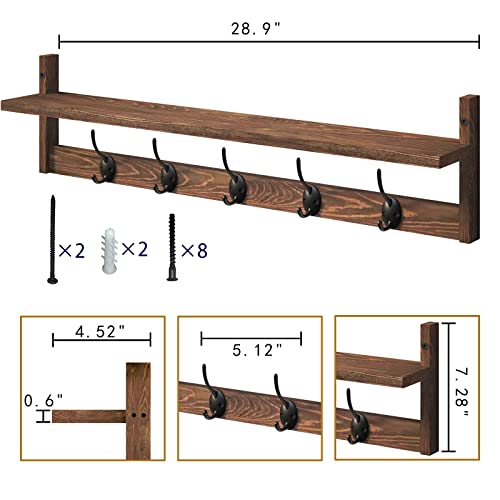 BAMEOS Wall Mounted Coat Rack with Adjustable Easy Install, Rust Proof, Brown Wooden Material, 28.9 Inch Length - style: Brown-28.9IN with shelf