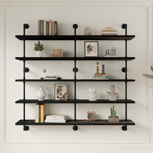 HDDFER Floating Shelves for Wall Bookshelf Industrial Pipe Shelving Shelves 60 Inch 5 Tier Natural Wood Planks Rustic Wall Shelves Hanging Bookshelves Farmhouse Kitchen Shelving - color: Black, size: 5Tier60in