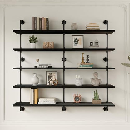 HDDFER Floating Shelves for Wall Bookshelf Industrial Pipe Shelving Shelves 60 Inch 5 Tier Natural Wood Planks Rustic Wall Shelves Hanging Bookshelves Farmhouse Kitchen Shelving - color: Black, size: 5Tier60in