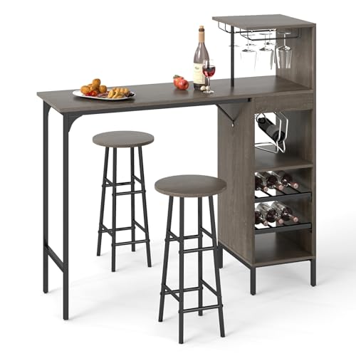 GOFLAME Bar Table Set for 2, Counter Height Dining Table Set with Shelves, Cup Holder & Wine Rack, Breakfast Table & Stools Set, 3-Piece Pub Table Set for Kitchen, Dining Room, Grey Oak - color: Grey Oak