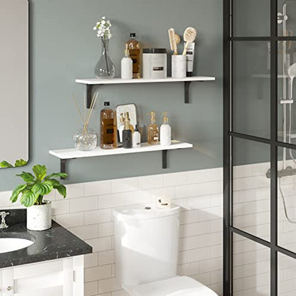 Long Wall Shelves, 23.6Inch Wooden Wall Mounted Shelves, Set of 2 | Floating Book Shelf, Sturdy Metal Bracket Easy Assembly, Max Load 22lbs, Wall Storage Ledges, Bedroom/Bathroom/Kitchen, White - color: White, size: 23.6 Inch
