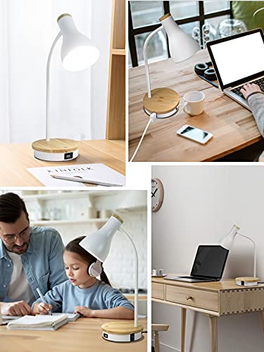 LALISU Metal Desk Lamp Wireless Charging Table Lamp Touch Reading Lights Arc Desk Lamps for Bedroom, 3 Way Dimmable Bedside Lamp with USB Charging Ports Lamp for Study Room and Office (White) - color: White