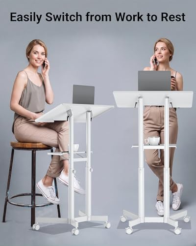 BONTEC Lecterns & Podiums Portable Mobile Standing Laptop Desk, Sit Stand | Height Adjustable, Home Office Classroom Pulpit Stand Up Desk Workstation, Rolling Table Laptop Cart with Storage Tray, White - color: White