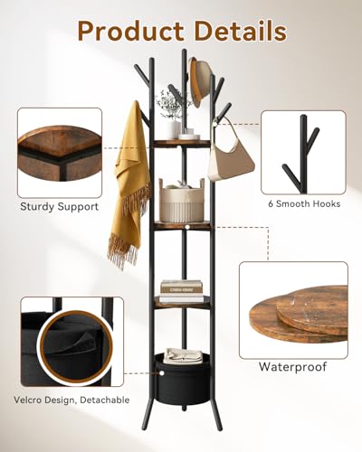 YMYNY Coat Rack, Freestanding Coat Stand with Storage Shelves, Hall Trees with 3 Wooden Shelves and 1 Fabric Basket, Metal Clothes Stand for Hats Bags Hallway Bedroom Rustic Brown UHGR005H - color: Rustic Brown