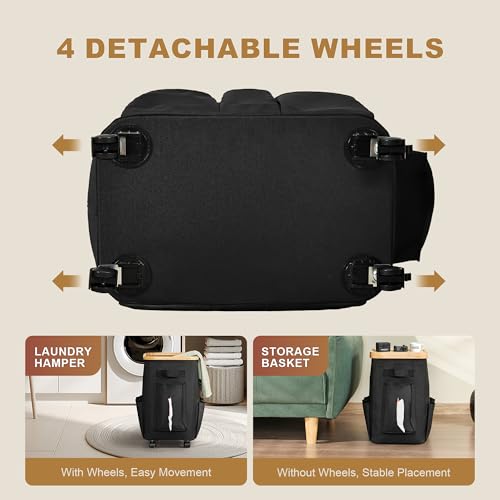 50L Small Clothes Hamper, Small Landry Hamper with Lid Rolling Collapsible Laundry Hamper with Detachable Wheels Bamboo Frame 7 Oxford Storage Pockets for Bathroom Bedroom Salon RV, Black - color: Black