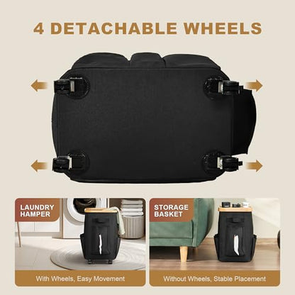 50L Small Clothes Hamper, Small Landry Hamper with Lid Rolling Collapsible Laundry Hamper with Detachable Wheels Bamboo Frame 7 Oxford Storage Pockets for Bathroom Bedroom Salon RV, Black - color: Black