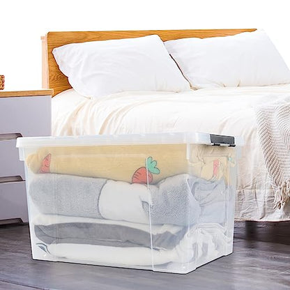 4-Pack 50 L Clear Plastic Storage Bin, Large Latch Box with Wheels | Heavy-duty plastic, bottom rolling wheels, large capacity storage box, suitable for closet, garage and attic storage - size: 50 L