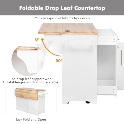 59.3" Rolling Kitchen Island with Trash Can Storage, Mobile Kitchen Storage Island with Drop Leaf, Power Outlet, Pull Out Cabinet Organizer (White) - color: White