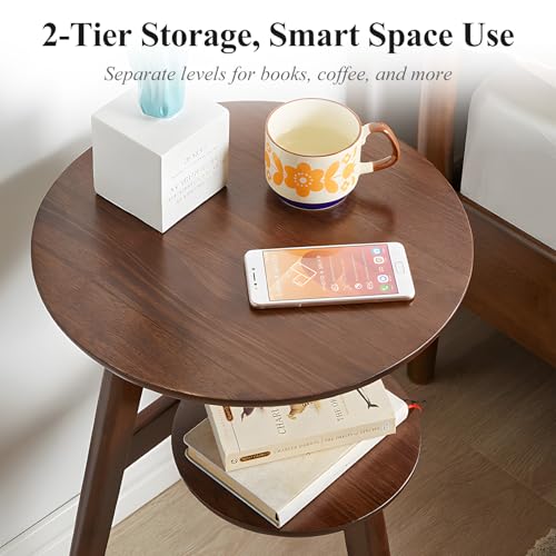 Side Table, 2-Tier Round End Tables Living Room, Mid Century Modern Side Table, Round Nightstand, Oak Accent Table, Small Round Coffee Table, 16.54" Dia.x 23.62" H(Walnut) - color: Walnut