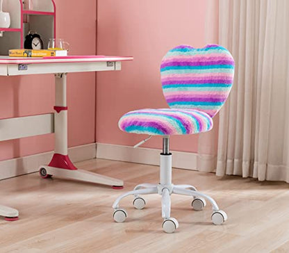 chairus Kids Desk Chair Faux Fur Small Study Chair for Teenage Girls, Adjustable Heart Shaped Kids Vanity Chair for Bedroom Reading Living Room, Cute Student Task Chair with White Foot, Rainbow - color: Rainbow