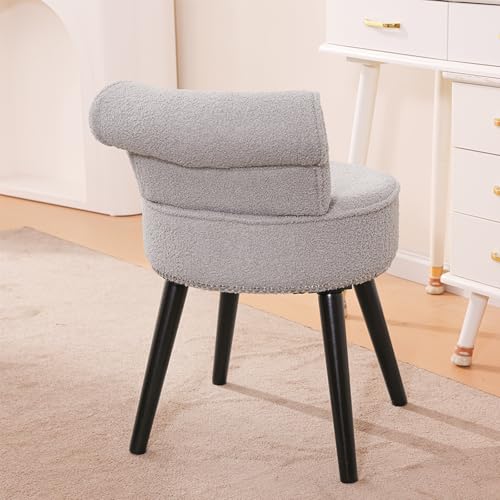 Vanity Chair with Back, Sherpa Stool with Tufted Backrest & Silver Nailhead Trim, Round Vanity Seat for Bedroom and Bathroom Makeup, Support 220lbs, Easy Assembly (Teddy Gray) - color: Sherpa Gray