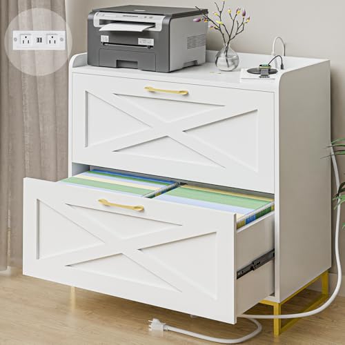 Vabches 2 Drawer Lateral File Cabinet with Charging Station, White and Gold | Modern Farmhouse Large Wood File Storage Cabinet for Legal/Letter/A4 Size Hanging Files,Printer Stand for Home Office - color: White