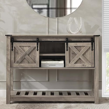 Farmhouse Entryway Table with Sliding Barn Doors, Wood Console Table with Storage Shelf, Rustic Sofa Table for Living Room, Entryway, Foyer, Grey - color: Grey