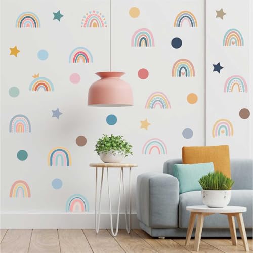 Rainbow Wall Decals for Children Room - 4 Sheets 76Pcs Boho Star & Dots Wall Stickers | Peel and Stick Nursery Decor, Playroom, Classroom | Removable Waterproof Wall Art - color: Rainbow
