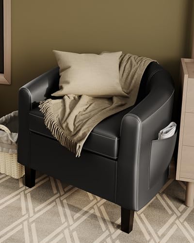 Leather Accent Chair, PU Leather Barrel Chairs, Comfy Round Club Armchair with Soft Cushion for Living Room, Bedroom, Reading, Waiting Room, Black - color: Black