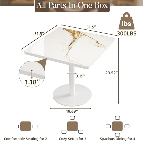 31.5'' Tulip Table, Square Dining Table with Glossy Sintered Stone Tabletop | White Aluminum Alloy Edge & Pedestal, Small Bistro Table for Dining Room/Café/Small Spaces/Restaurant (Calacatta Gold) - color: Calacatta Gold (White Edge), size: Square