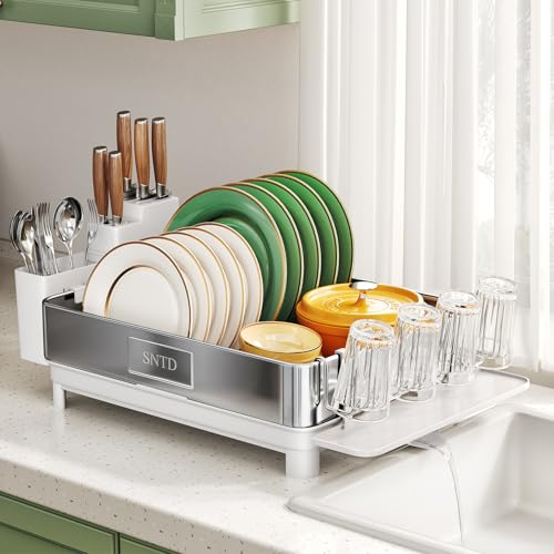 SNTD 304 Stainless Steel Dish Drying Rack for Small Kitchen Counter, White | Rustproof, Large Capacity, Heavy-Duty Frame, Rotating Spout, Angled Drainboard, Removable Cup & Utensil Holder - color: White