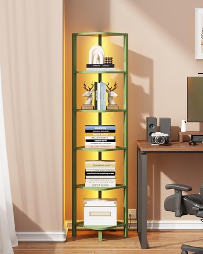 TUTOTAK Corner Shelf with LED Light, 6-Tier Corner Bookshelf | for Small Space, Narrow Display Corner Shelf Stand with Storage Rack, for Living Room, Bedroom, Olive Green BS08BOG006L - color: Green, size: 6-Tier Large With LED