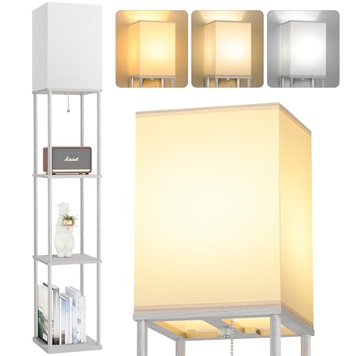 Floor Lamp with Shelves, 3-Tier Square Bookshelf Standing Lamp Dark Grey | 3 Color Temperature Bulb Included, Pull Chain Tall Lamp for Living Room Bedroom Corner Office Apartment Decor - color: Dark Grey