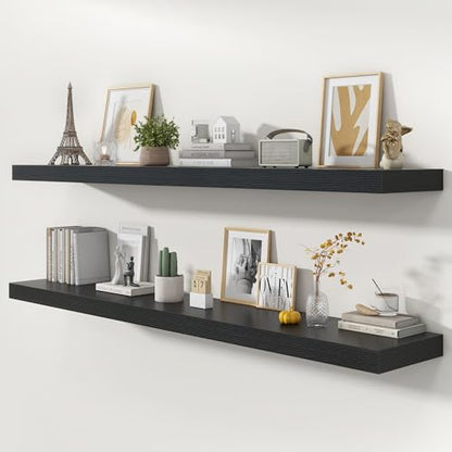 72 Inch Floating Shelves, 12'' Deep Black Shelves for Wall Set of 2 | Invisible Brackets, Engineered Wood, Mounting Hardware Included, 60LBS, Bathroom, Laundry Room, Kitchen, Living Room - color: Black, size: 72W x 11.6D x 2H, 2 Pack