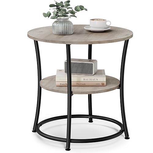 VASAGLE 21.7-Inch Round Side Table, 2-Tier End Table | Nightstand with Steel Frame, Spacious Top, for Small Spaces, Living Room, Bedroom, Heather Greige and Ink Black ULET56BG - color: Heather Greige + Ink Black, style: Without Power Strip