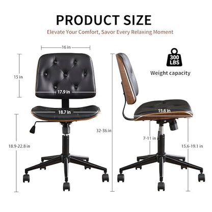 VipDesk Small Home Office Chair - Armless Mid Back Desk Chair with 360° Swivel and Wheels, PU Upholstered Height Adjustable Modern Walnut Computer Chair for Home, Office Meeting Room - Black - color: Black, size: Button Style