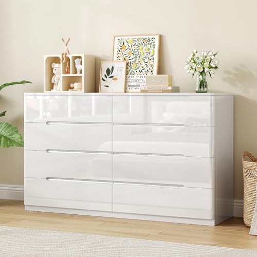 High Gloss Dresser for Bedroom, 47.2" Wide 8 Drawer Dresser, White | Modern Dresser Chest of Drawers, Handle-less Design, High Gloss Panel, Dresser TV Stand, Wooden Dressers for Bedroom, Closet - color: White, size: 15.7"D x 47.2"W x 31.5"H (8 Drawers)