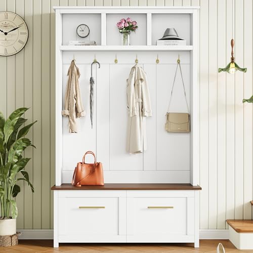 Merax Modern 4-in-1 Storage Hall Tree with Bench, Versatile Multiple Space with 6 Golden Hooks, 2 Drawers, Entryway Coat Rack for Living Room, Hallway, White - color: White