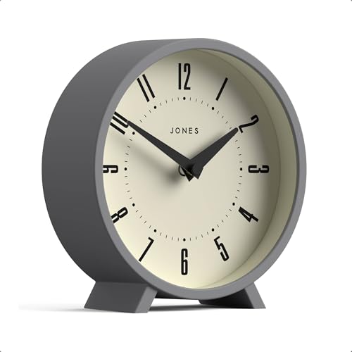 JONES CLOCKS® Venus Desk Clock | Modern Round Design | Gray | Stylish Retro Look for Shelf, Table, Mantel or Bedside - color: Clockwork Grey