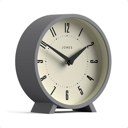JONES CLOCKS® Venus Desk Clock | Modern Round Design | Gray | Stylish Retro Look for Shelf, Table, Mantel or Bedside - color: Clockwork Grey