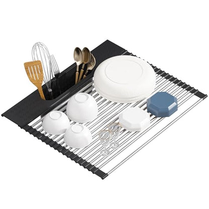 Roll Up Dish Drying Rack Over Sink, 17.5" x 15.2" Foldable SUS304 Stainless Steel Kitchen Dish Drainer, Heat-Resistant Multipurpose Rolling Sink Rack Organizer,Black - size: Black（17.5" X 15.2"）