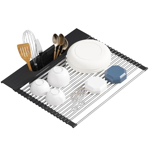 Roll Up Dish Drying Rack Over Sink, 17.5" x 15.2" Foldable SUS304 Stainless Steel Kitchen Dish Drainer, Heat-Resistant Multipurpose Rolling Sink Rack Organizer,Black - size: Black（17.5" X 15.2"）