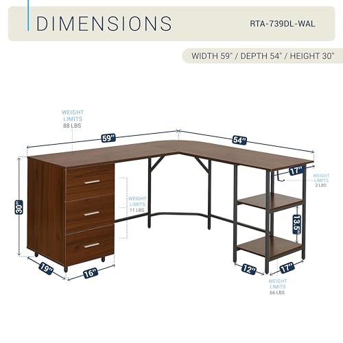 Techni Mobili L Shaped Desk - Two-Toned Computer Desks for Home Office with Storage Shelves & Cabinet - Simple Modern Furniture & Office Space Corner Table for Work & Writing - Grey & Walnut | 59" two‑tone L‑shaped desk with storage shelves, durable frame
