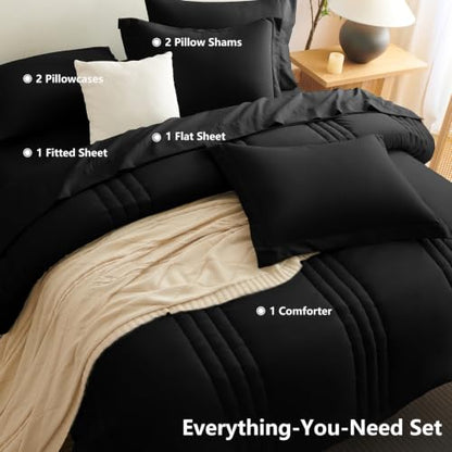 Super King Plus Comforter Set Black - Oversized 128x120 Bed Set | Maximum King-Bed Coverage, 240GSM Down-Alternative Fill, 14" Deep-Pocket Sheets, Shams & Pillowcases, Lightweight - color: Black, size: Super King Plus