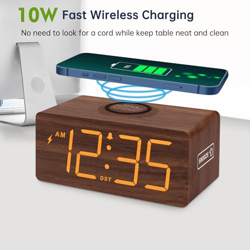 DreamSky Wooden Digital Alarm Clock with Wireless Charging for Bedroom | Bedside Nightstand Clock with Charger Station, USB Port, Large Numbers, Adjustable Volume, Brightness Dimmer, DST - color: Brown