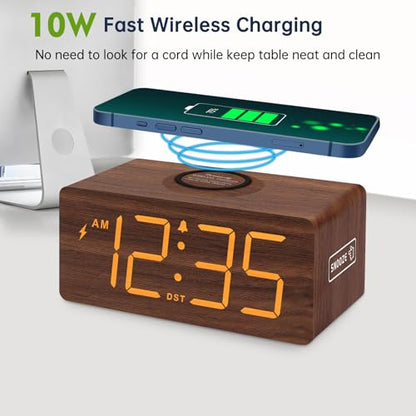 DreamSky Wooden Digital Alarm Clock with Wireless Charging for Bedroom | Bedside Nightstand Clock with Charger Station, USB Port, Large Numbers, Adjustable Volume, Brightness Dimmer, DST - color: Brown