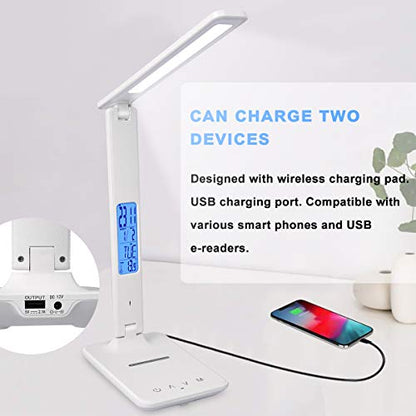 LED Desk Lamp with Wireless Charger, Suitable for Home, Office Dimmable, with USB Charging Port, Built-in Clock, Calendar, Thermometer and Automatic Timing Reading Desk Lamp. - color: White