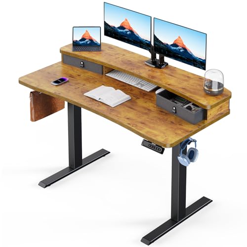 HUANUO 48″ x 24″ Electric Standing Desk with 2 Drawers, C-Clamp Mount Compatible, Height Adjustable Computer Desk, Home Office Stand Up Desk with 4 Preset Heights & 2 Hooks, Vintage Brown - color: Vintage Brown, size: 48" X 24"