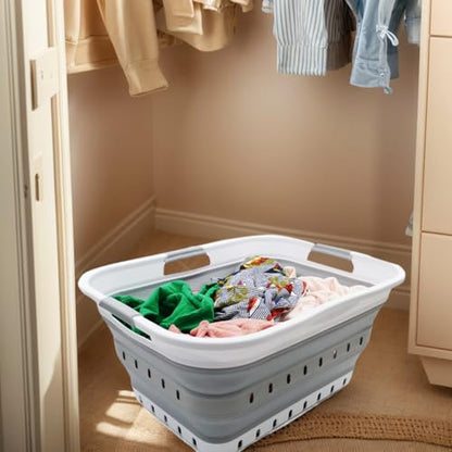 SAMMART 42L (11 gallon) Collapsible Plastic Laundry Basket - Foldable Pop Up Storage Container/Organizer - Space Saving Hamper/Basket (1, White/Grey) - color: White/Grey