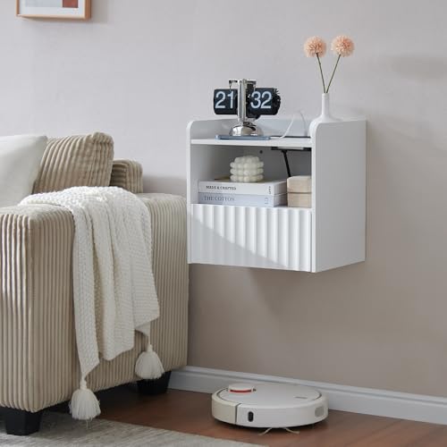 BuildHom Modern Fluted Floating Nightstand Wall Mounted - Bedside Table with Storage Drawer & Display Shelf, Minimalist Bedroom Furniture for Studio Apartments (Matte White) - color: Matte White, size: Single