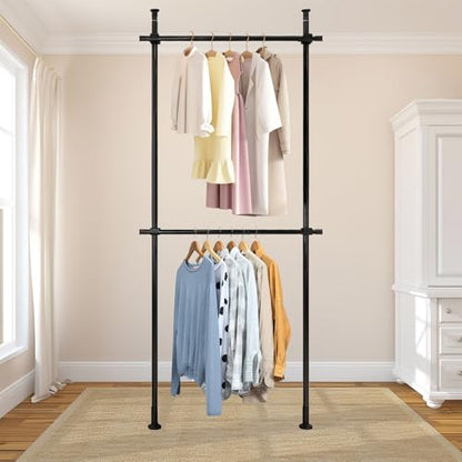 Heavy Duty Double Bar Clothing Rack – Adjustable Floor-to-Ceiling Clothes Rack, 2 Crossbars 220 lbs Capacity Each, Heavy-Duty Carbon Steel, No-Drill Installation, for Laundry Room, Bedroom & Boutique