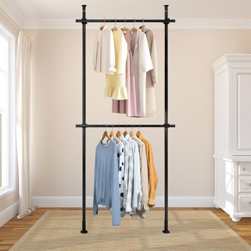 Heavy Duty Double Bar Clothing Rack – Adjustable Floor-to-Ceiling Clothes Rack, 2 Crossbars 220 lbs Capacity Each, Heavy-Duty Carbon Steel, No-Drill Installation, for Laundry Room, Bedroom & Boutique