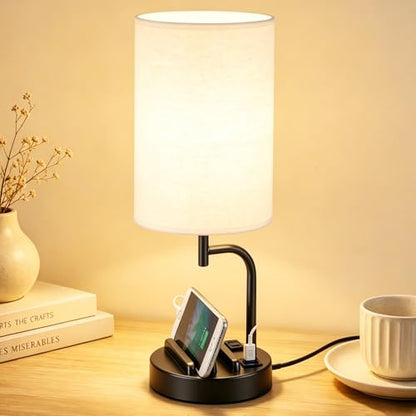 Dreamholder Touch Control USB Table Lamp with USB C/A & AC Outlet, 3-Way Dimmable Bedside Lamp, Modern Nightstand Lamps for Bedroom Living Room Guest Room Office, Bulb Included, Black - color: Black