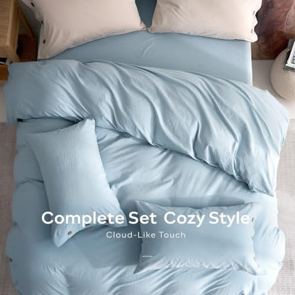 JELLYMONI 100% Washed Cotton Baby Blue Duvet Cover King, Linen-Like | OEKO-TEX Certified, Soft, Breathable Percale Bedding with Natural Wrinkle Texture, Button Closure, 3-Piece Set, 104"x90" - color: 01- Baby Blue, size: King(104"×90")