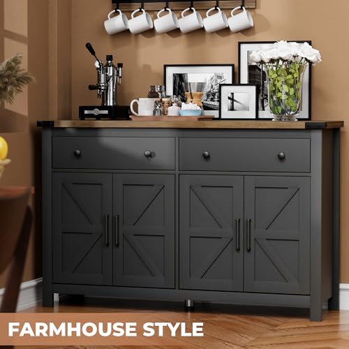 VVFLU 55" Sideboard Buffet Cabinet with Storage, Coffee Bar Cabinet with 2 Drawers and 4 Barn Doors, Long Storage Cabinet Modern Farmhouse, Black Wood, for Kitchen, Dining Room, Living Room - color: Black/Wood, size: 15.7"D x 55.1"W x 35.4"H