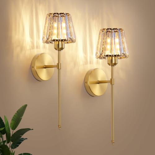 Battery Operated Crystal Wall Sconce Set of 2, Gold Rechargeable Wireless Wall Sconces with Remote Dimmable 12 Colors Modes Led Wall Lights, Wall Lamp for Bedroom Living Room Hallway, 2 Bulbs Included - color: Gold