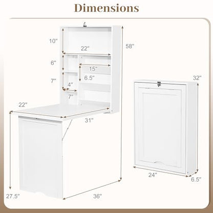 Casart Multi-Function Computer Desk, Wall Mounted Fold Out Table | Convertible Writing Workstation with Built-in Storage Shelves; Space Saving Furniture for Home Salon Office Nail Art Station