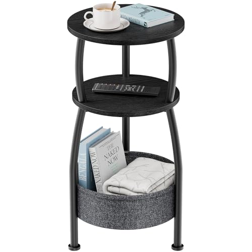 Small Round Side Table for Living Room with Storage Basket, 11.81in | End Table Bedroom, 3-Tier Bedside Table Stand for Entry, Garden, Spaces Saving, Tall 24in Industrial Classic Black - color: Classic Black, size: 11.81" Dia