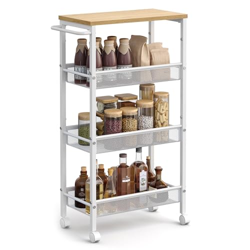 VASAGLE Slim Rolling Cart, 4-Tier Storage Cart, Narrow Cart with Handle, 8.7 Inches Deep, Metal Frame, for Kitchen, Dining Room, Living Room, Home Office, Oak Beige and Classic White ULRC033W09 - color: Oak Beige + Classic White, size: 4 Tiers (8.7"D x 30